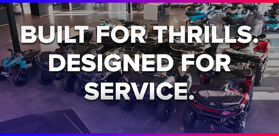 Village Powersports showroom showing Can-Am, Kawasaki and Sea-Doo inventory