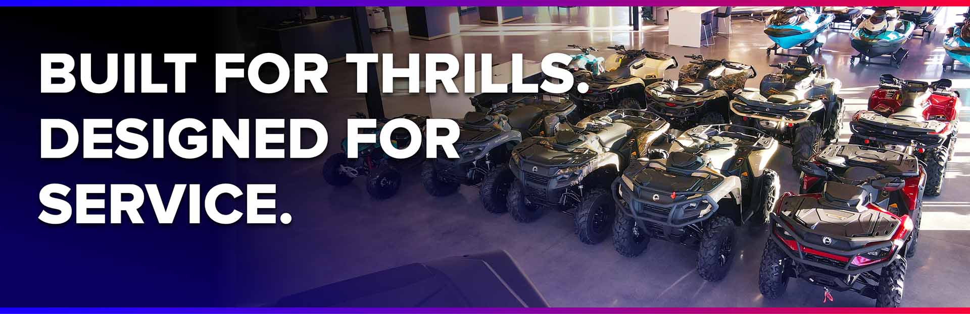 Interior view of Village Powersports showroom showing Can-Am, Kawasaki and Sea-Doo inventory