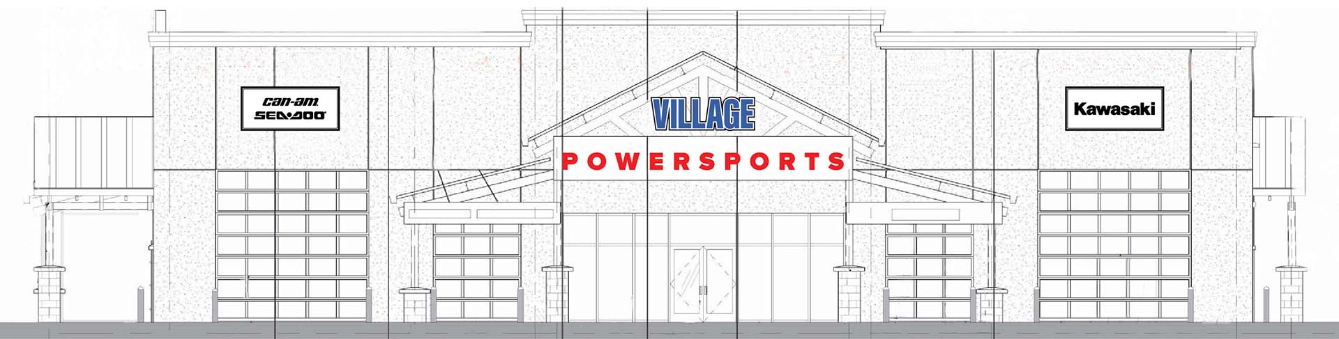Exterior Village Powersports blueprint showing brands Can-Am, Sea-Doo and Kawasaki